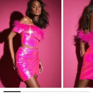 Boohoo Hot Pink Sequin Feather Off-Shoulder Mini Set